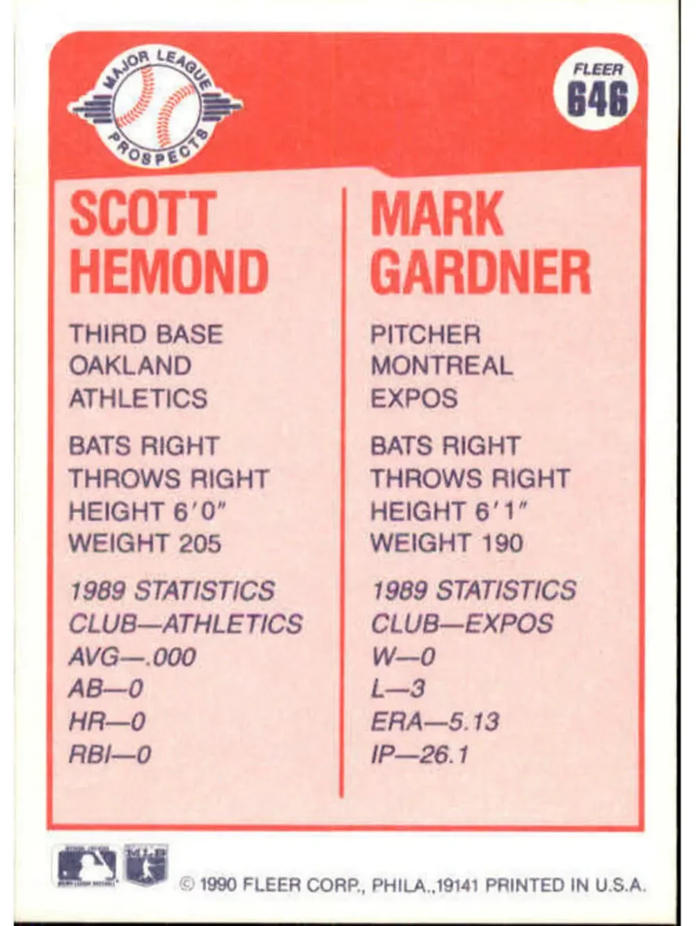1990 Scott Hemond / Mark Gardner Fleer Baseball Card #646